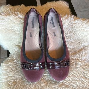 Burgundy suede and patent comfort flats